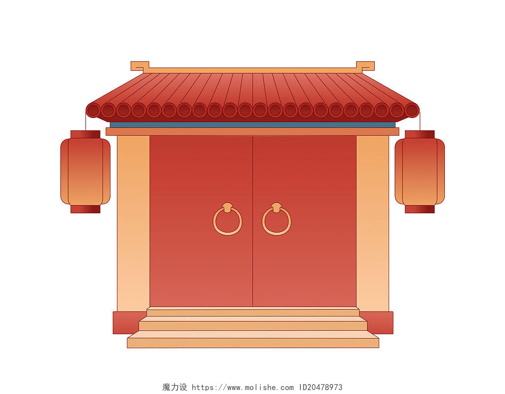 红色手绘卡通国潮古风中国风新年房子建筑元素PNG素材